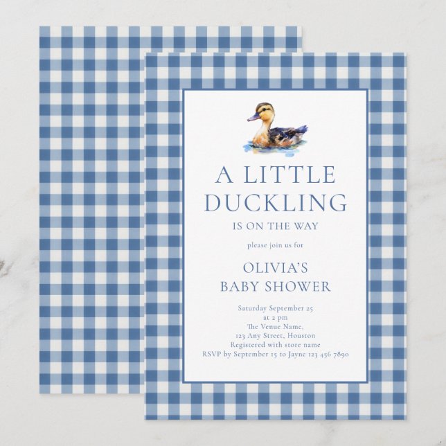 Invitation Baby Shower Carreau Bleu Canard (Devant / Derrière)