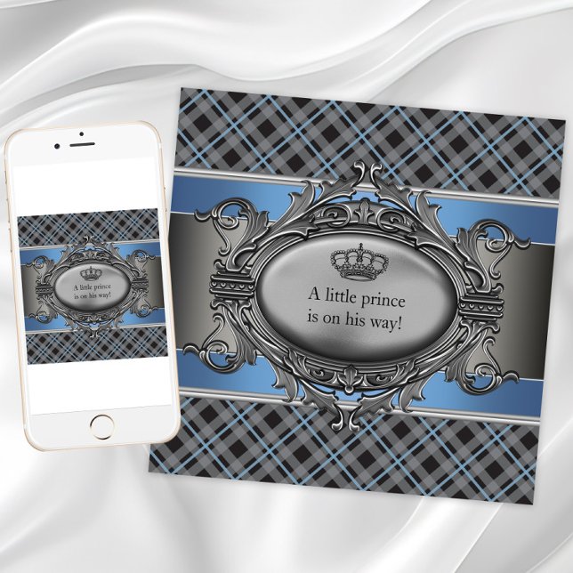 Invitation Baby Shower Carreaux Bleu Gris  (Blue and gray plaid baby shower invitation. Add your text to the front and back.)