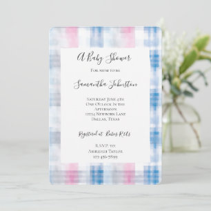 Invitation Baby-Shower carreaux rayures rose bleu blanc