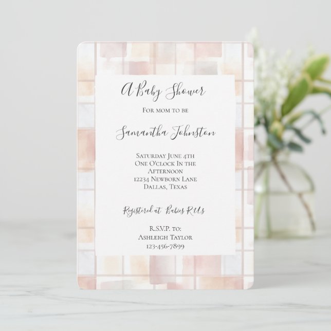 Invitation Baby-Shower Carrés Rose Pêche (Debout devant)
