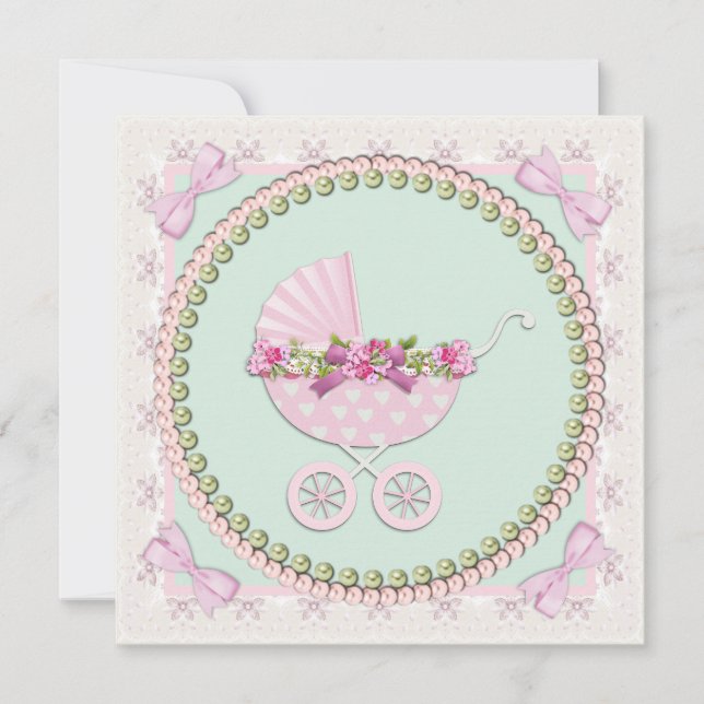 Invitation Baby Shower Carrosse Rose et Vert (Devant)