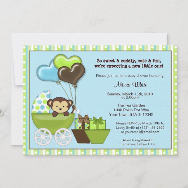 Invitation Baby Shower Carrosse Singe BLEU VERT (Devant)