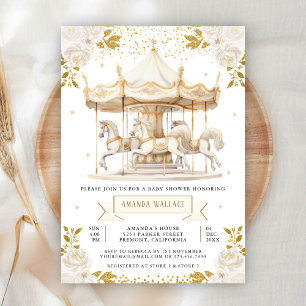 Invitation Baby Shower Carrousel Floral Crème Bohème Or