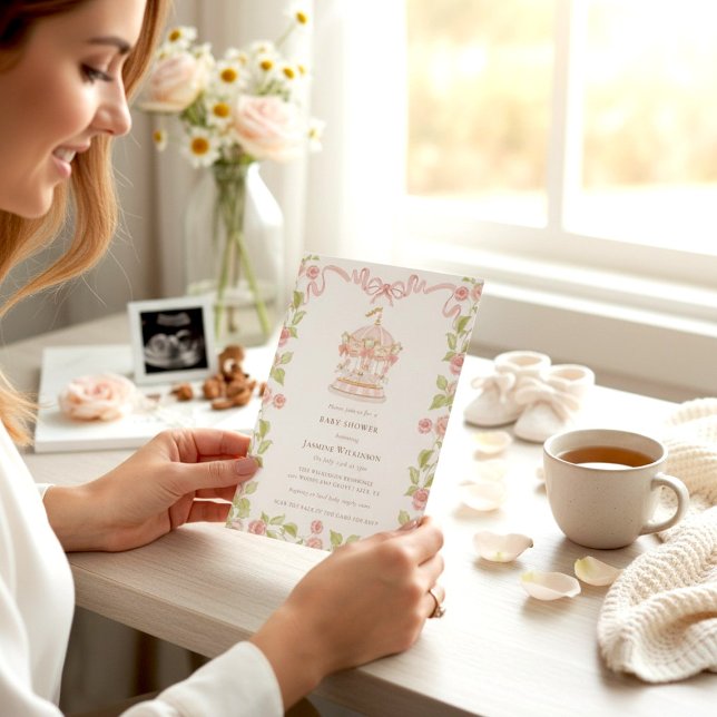 Invitation Baby shower Carrousel Pastel avec code QR de répon (Créateur téléchargé)