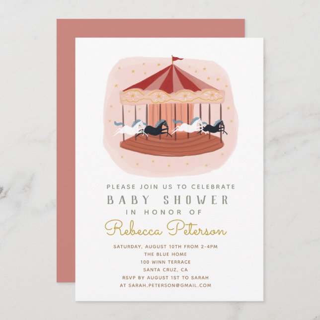 Invitation Baby shower carrousel rose aquarelle (Devant / Derrière)