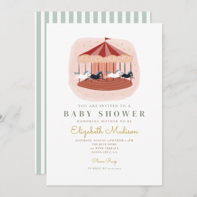 Invitation Baby shower carrousel rose aquarelle (Devant / Derrière)