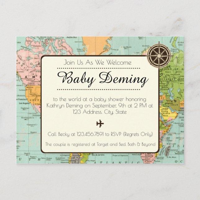 Invitation baby shower - Carte du monde multicolor (Devant)