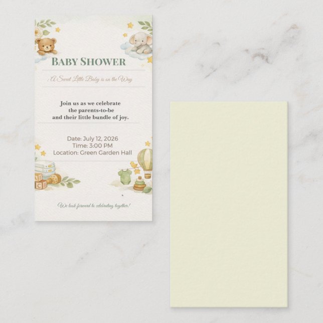 Invitation Baby Shower | Carte Teddy Bear & Élépha (Devant / Derrière)