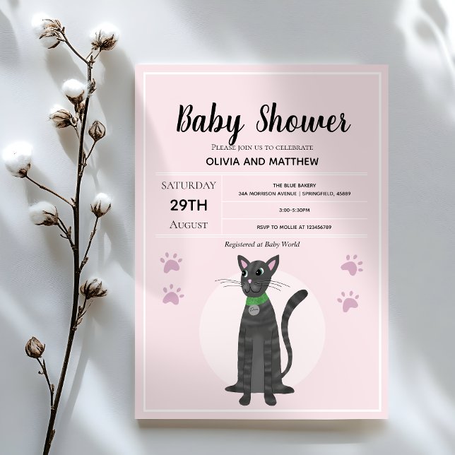 Invitation Baby shower Cartoon de chat Tabby rose mignonne po (Créateur téléchargé)