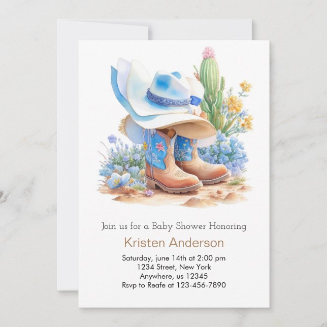 Invitation Baby shower Casquette Blue Western Cowboy (Devant)