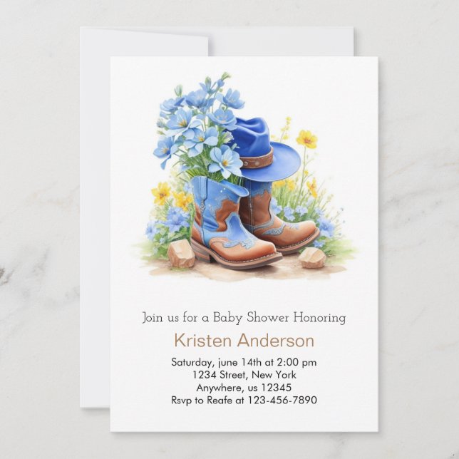 Invitation Baby shower Casquette et bottes de cowboy (Devant)