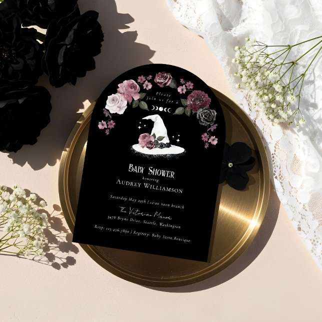 Invitation Baby shower Casquette gothique Halloween en dentel (Gothic Halloween White Lace Witch Hat Baby Shower Invitation)