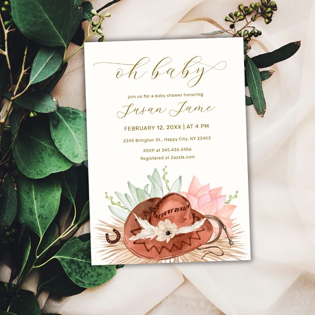 Invitation Baby shower Casquette moderne Boho Desert Cactus C (Modern Boho Desert Cactus Cowboy Hat Baby Shower Invitation)