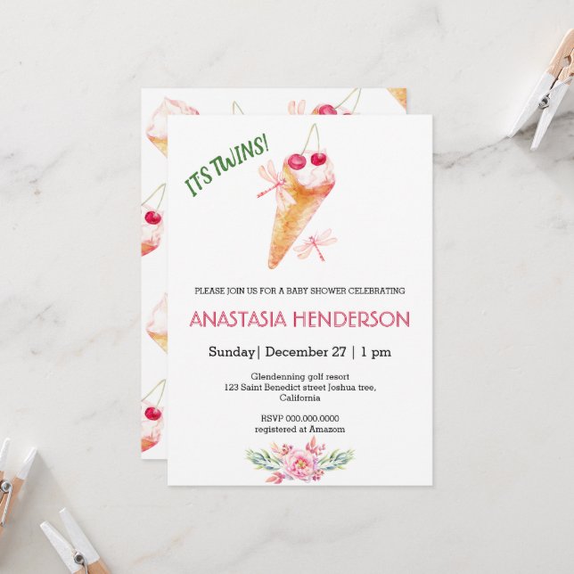 Invitation baby shower. Ce sont des jumeaux ! Invi (Devant/Arrière en situation)