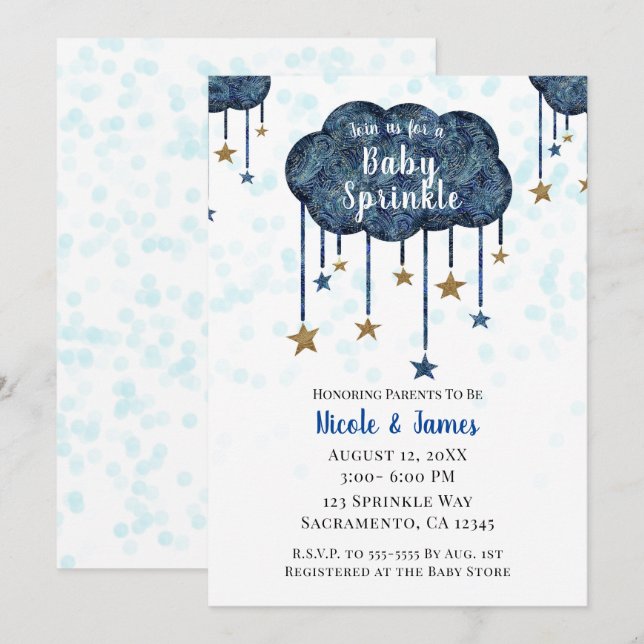 Invitation Baby Shower Céleste Bleu Or Étoiles (Devant / Derrière)