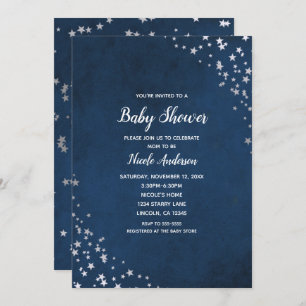 Invitation Baby shower céleste d'argent et d'étoiles bleues