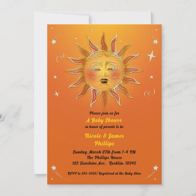 Invitation Baby Shower Céleste Jaune Orange Soleil Rétro (Devant)