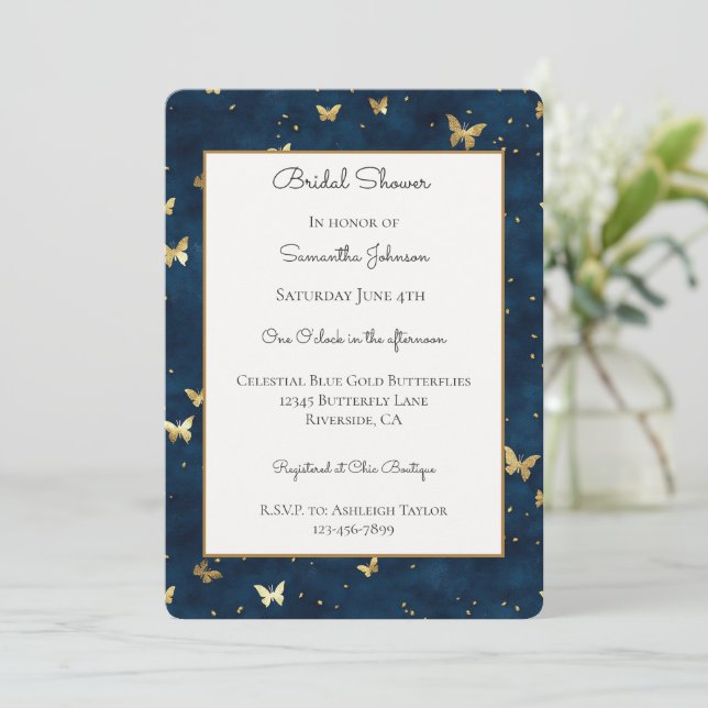 Invitation Baby Shower Céleste Papillons Bleu Or   (Debout devant)