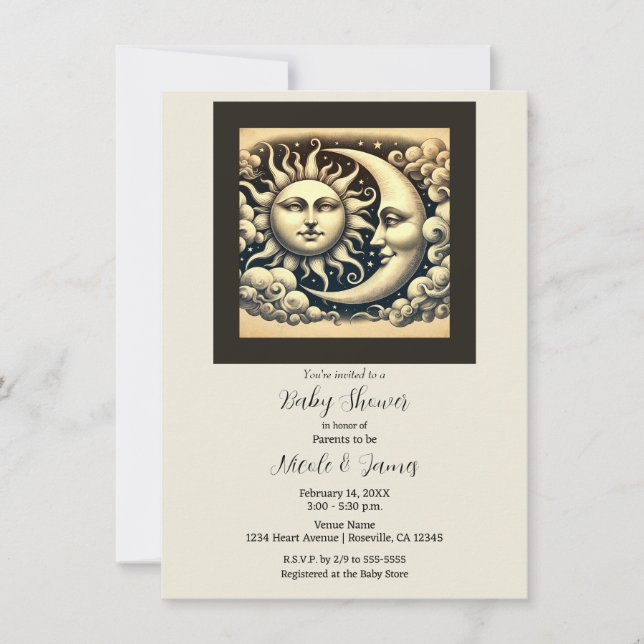 Invitation Baby Shower Céleste Vintage Soleil et Lune (Devant)