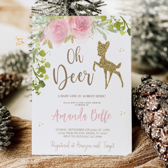 Invitation Baby Shower Cerf  (An "Oh Deer" baby shower invitation featuring a cute deer design with soft greenery, ideal for a woo)