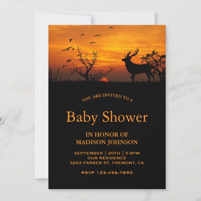 Invitation Baby Shower Cerf Coucher de Soleil en Forêt (Devant)