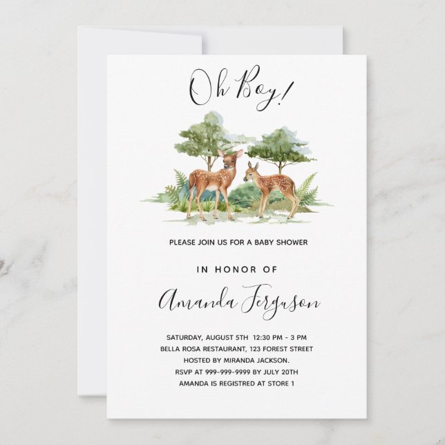 Invitation Baby shower cerf d'animaux de forêt (Devant)