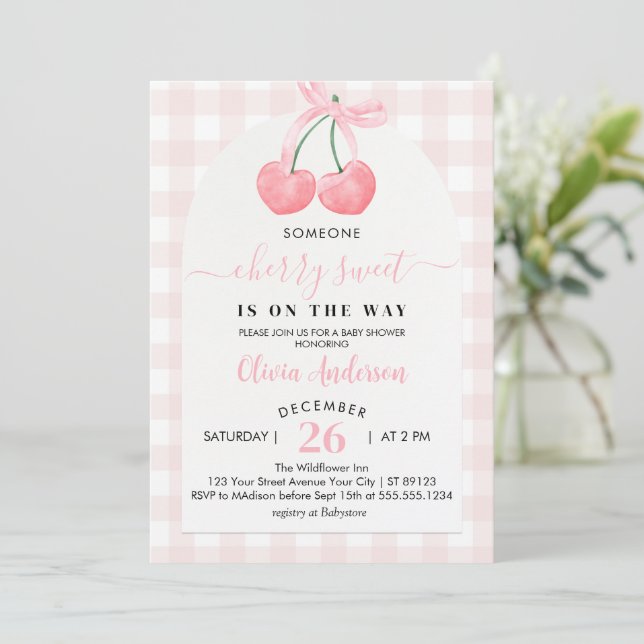 Invitation baby shower cerise sucrée (Debout devant)