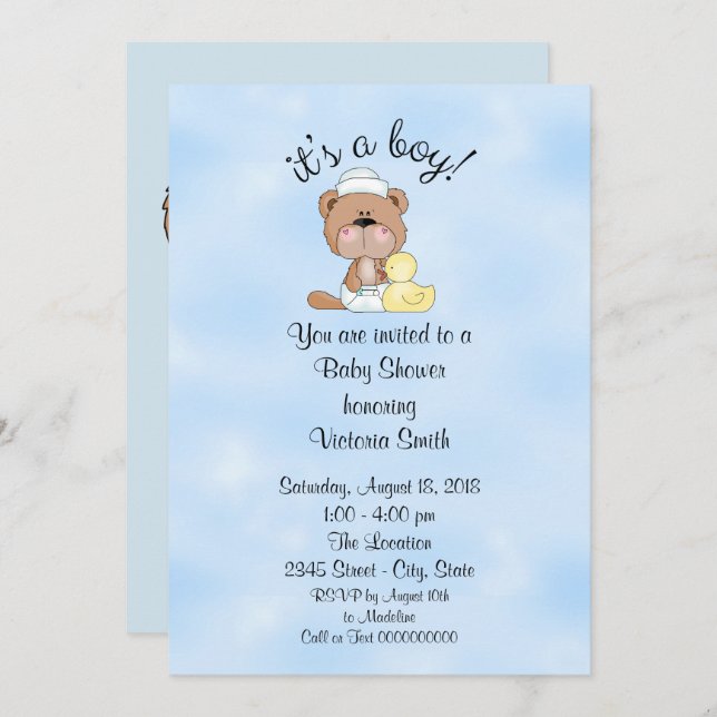 Invitation Baby shower C'est un garçon Teddy Bear (Devant / Derrière)