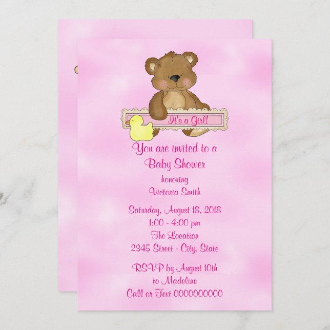 Invitation Baby shower c'est un ours de nounours de fille (Devant / Derrière)