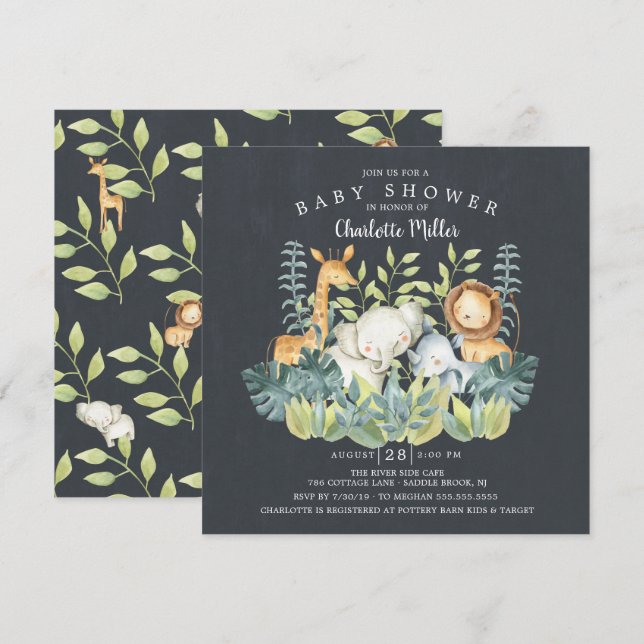 Invitation Baby shower Chalkboard Jungle Animaux (Devant / Derrière)