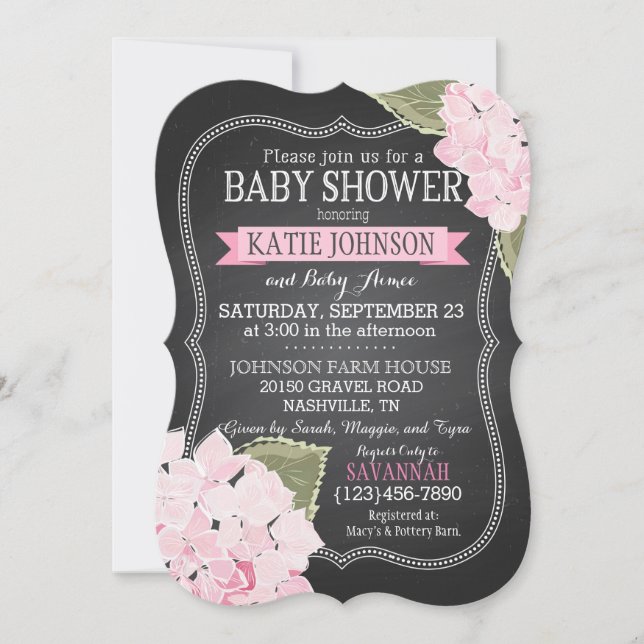 Invitation Baby shower Chalkboard Pink Hydrangeas (Devant)