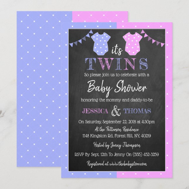 Invitation Baby shower Chalkboard tendance Boy & Girl Twins (Devant / Derrière)