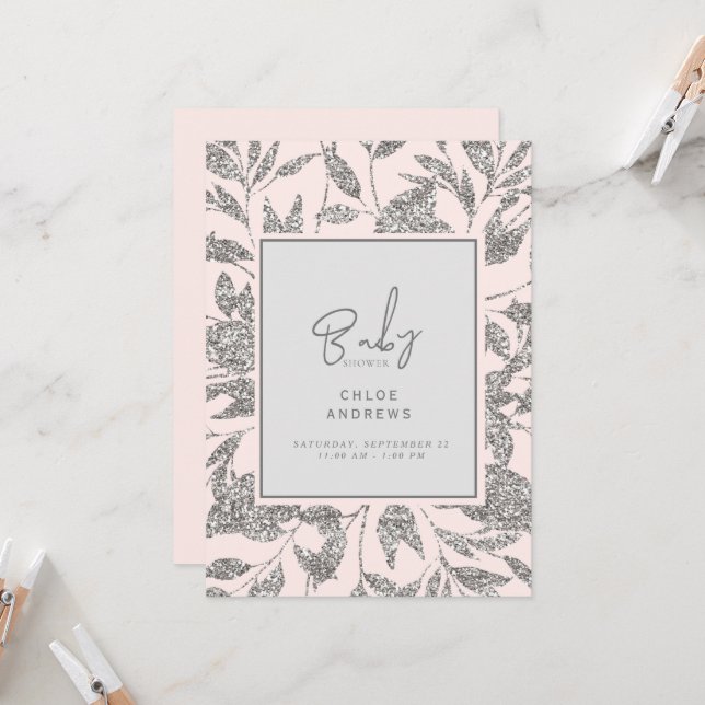 Invitation Baby shower Champagne Rose et Silver Glam (Devant/Arrière en situation)
