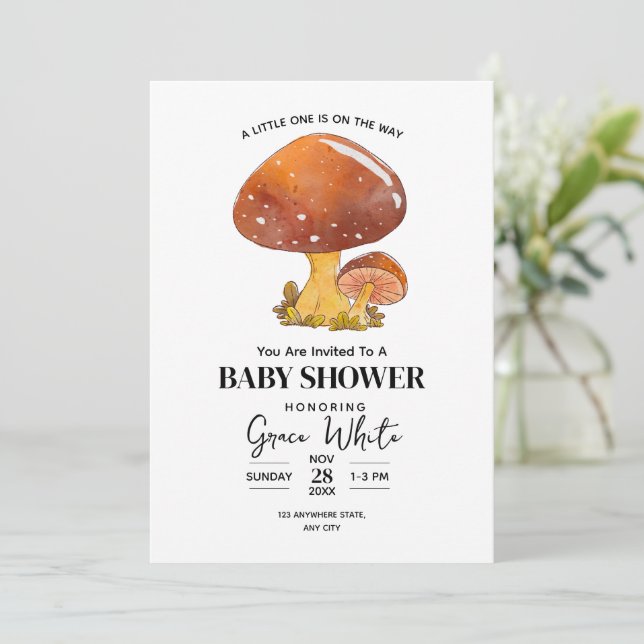 Invitation Baby shower champignon Baby shower boisé minimal (Debout devant)