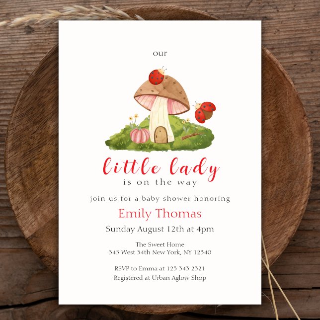 Invitation Baby shower champignon de la petite dame de Woodla (Woodland Little Lady Ladybug Mushroom Baby Shower Invitation)