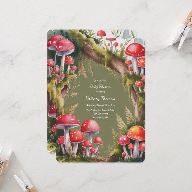 Invitation Baby Shower Champignon Fantaisiste  (Devant/Arrière en situation)