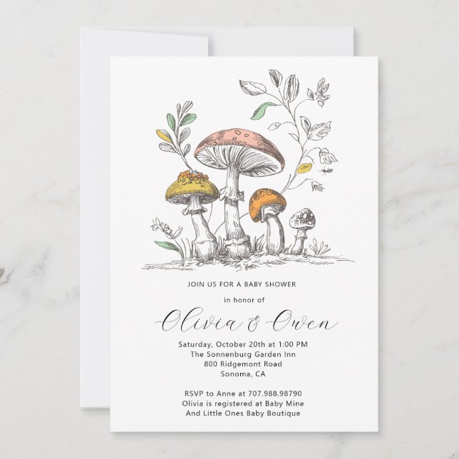 Invitation Baby Shower Champignons de Forêt à l'Aquarelle (Devant)