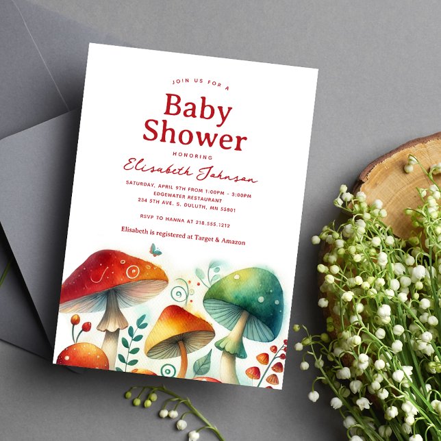 Invitation Baby Shower Champignons de la Forêt Fantaisiste (Whimsical Forest Mushroom Baby Shower Invitation
)