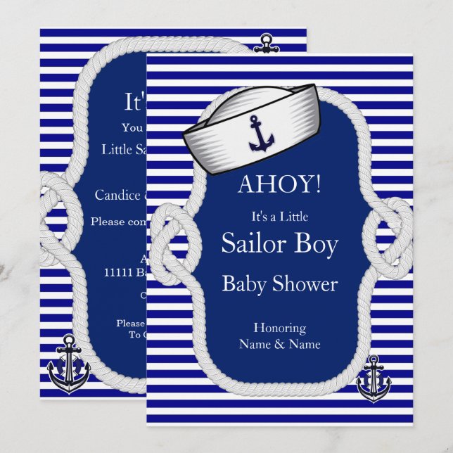 Invitation Baby Shower Chapeau de Marin Garçon Rayure Bleue (Devant / Derrière)