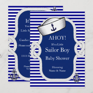 Invitation Baby Shower Chapeau de Marin Garçon Rayure Bleue