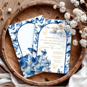 Invitation Baby Shower Charmante Fille Papillon Bleu Or