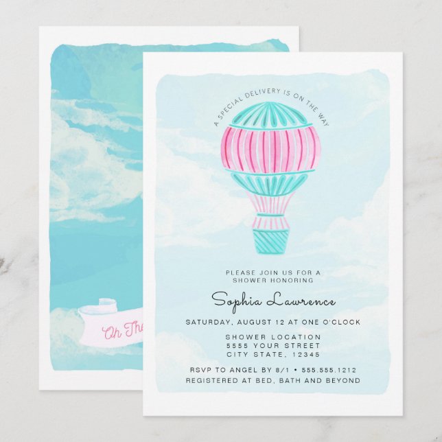 Invitation Baby shower chaud de ballon à air d'aquarelle rose (Devant / Derrière)