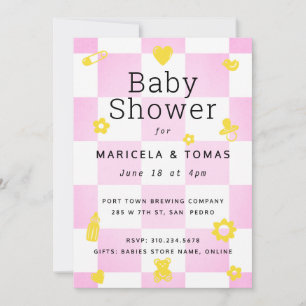 Invitation Baby shower Chaud rose et jaune Checker