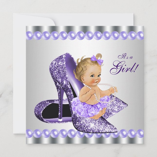 Invitation Baby Shower Chaussure à Talons Hauts Grise Violett (Devant)