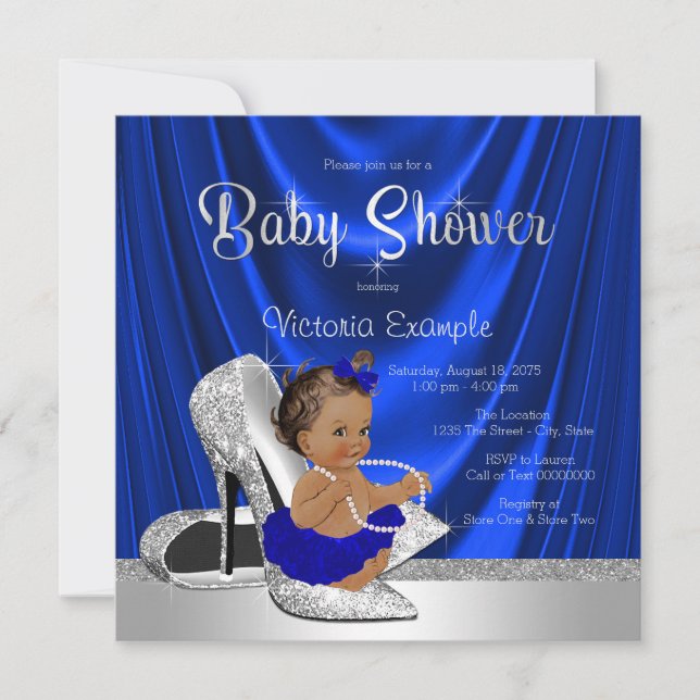 Invitation Baby Shower Chaussure Argentée Bleu Royal (Devant)
