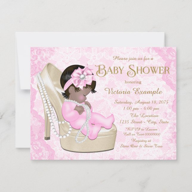 Invitation Baby shower chaussure en dentelle de perle rose Af (Devant)
