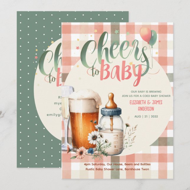 Invitation Baby shower Cheers Bouteilles Bières Peach Sage CO (Devant / Derrière)