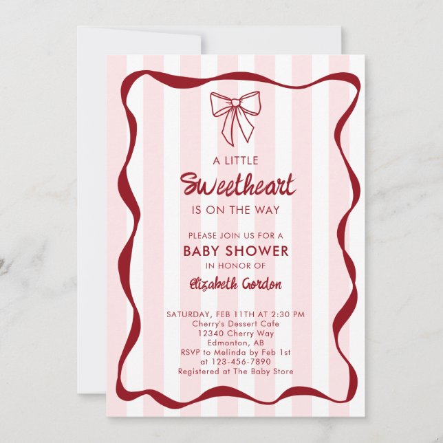 Invitation Baby Shower Chéri Rayures Rose Ruban Coquette (Devant)