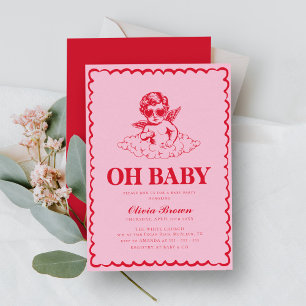 Invitation Baby shower Cherub rose et rouge rétro