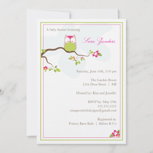 Invitation Baby shower - Chevêche de bébé rose et  (Devant)
